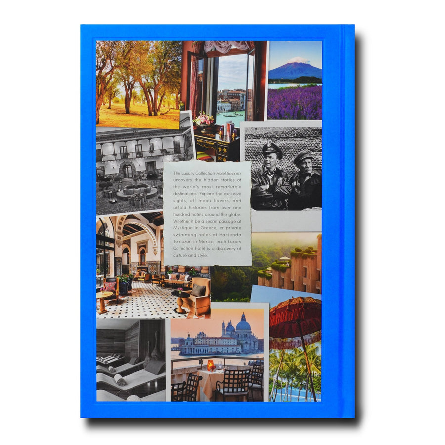 Assouline The Luxury Collection: Hotel Secrets coffee table book back cover on a white back ground available at Spacio India for luxury home decor accessories collection of Travel Coffee Table Books.