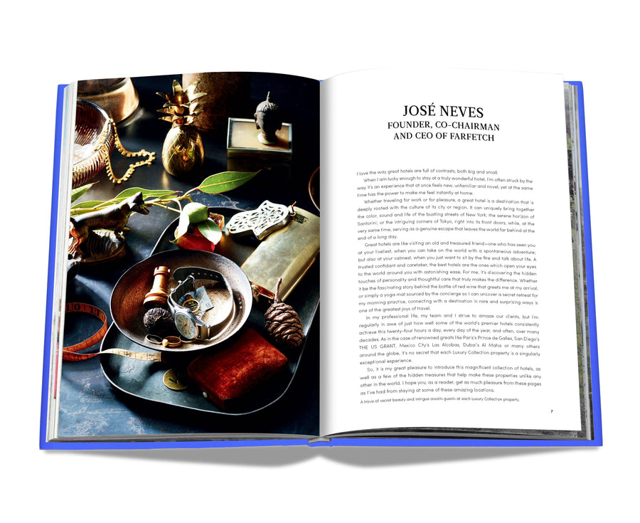 Assouline The Luxury Collection: Hotel Secrets coffee table book displaying information of words from CEO of Farfetch on a white back ground available at Spacio India for luxury home decor accessories collection of Travel Coffee Table Books.
