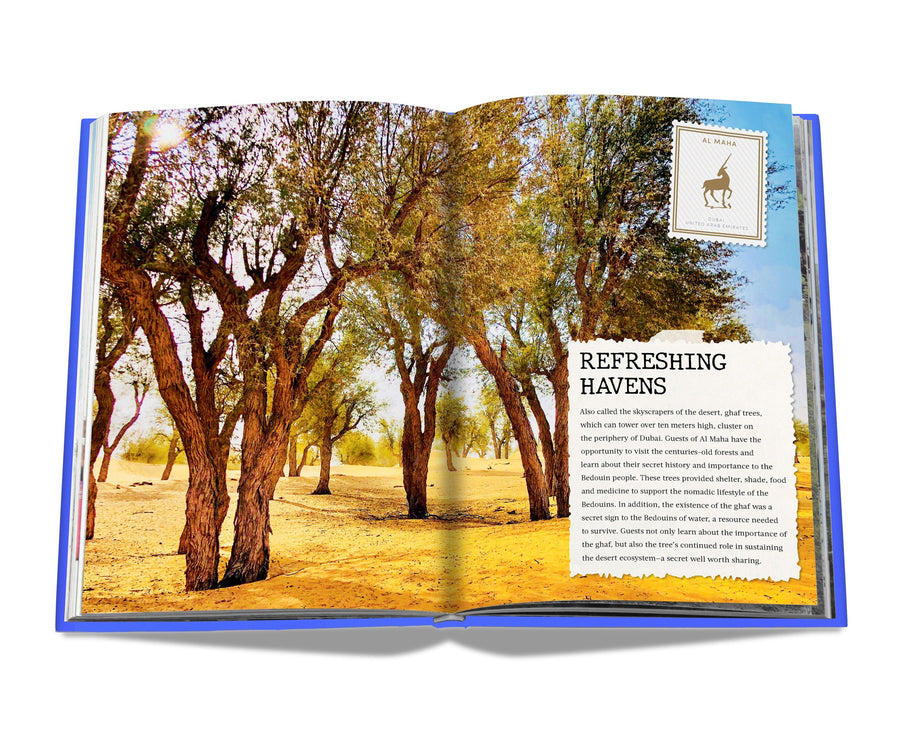 Assouline The Luxury Collection: Hotel Secrets coffee table book displaying photo of Ghaf Trees from Dubai on a white back ground available at Spacio India for luxury home decor accessories collection of Travel Coffee Table Books.
