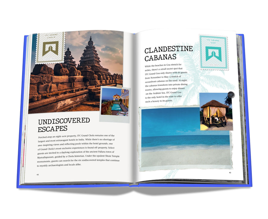 Assouline The Luxury Collection: Hotel Secrets coffee table book displaying ITC Grand Chola & Goa Hotels on a white back ground available at Spacio India for luxury home decor accessories collection of Travel Coffee Table Books.