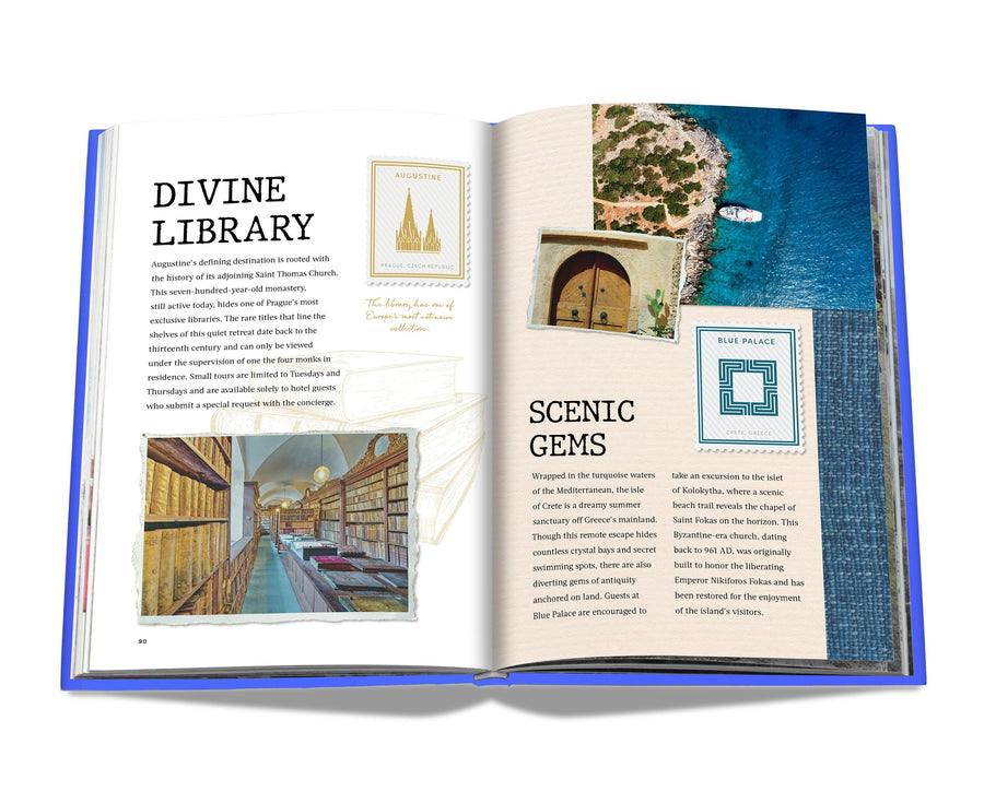 Assouline The Luxury Collection: Hotel Secrets coffee table book displaying Augustine Hotel Library with information on a white back ground available at Spacio India for luxury home decor accessories collection of Travel Coffee Table Books.