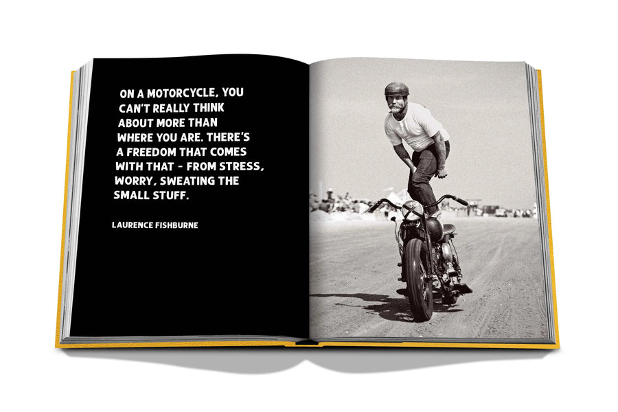 Assouline The Race of Gentlemen coffee table book displaying photo of a man on a motorcycle on a white back ground available at Spacio India for luxury home decor accessories collection of Sports Coffee Table Books.