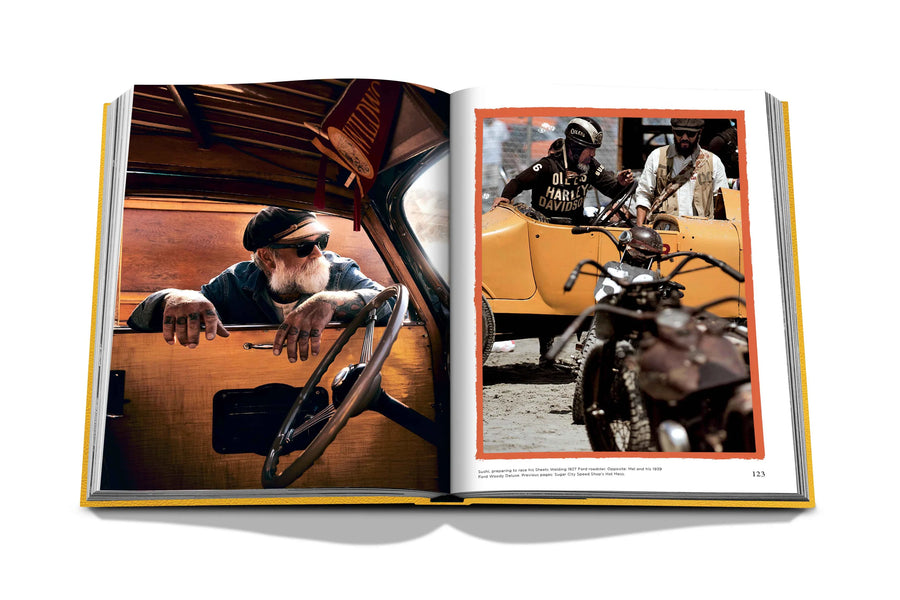 Assouline The Race of Gentlemen coffee table book displaying photo of the Man view from Inside Car from celebration of American hot rod culture on a white back ground available at Spacio India for luxury home decor accessories collection of Sports Coffee Table Books.