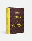 Louis Vuitton 'From Louis to Vuitton' hardcover book by Tom Ford, featuring the brand's brown checkered pattern on the front cover and a bright yellow spine, set against a clean white background.