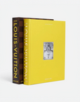A Louis Vuitton Absolué book set featuring a bright yellow volume in front of a brown checkered spine volume, photographed on a clean white background.