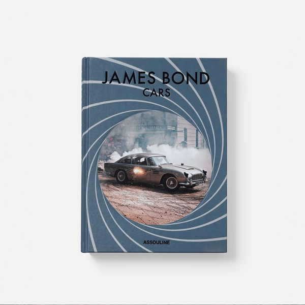 A hardcover book titled 'JAMES BOND CARS' by Assouline, featuring a blue cover with a circular car photo in the center resembling the James Bond gun barrel motif, shown on a light gray background.