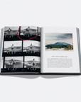 An open hardcover book laid flat on a light gray background, showing two interior pages with black-and-white film stills on the left and a color photo of a green classic car on the right.