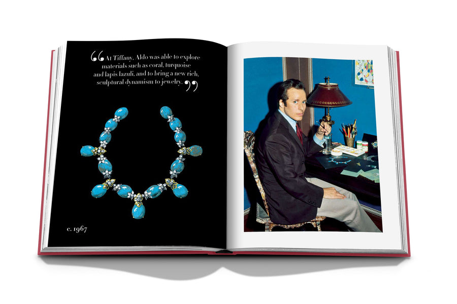 Assouline Cipullo: Making Jewelry Modern coffee table book displaying photo of a piece Aldo designed for Tiffany & Co, circa 1967 and Aldo Cipullo during that time on a white back ground available at Spacio India for luxury home decor collection of Jewellery Coffee Table Books.