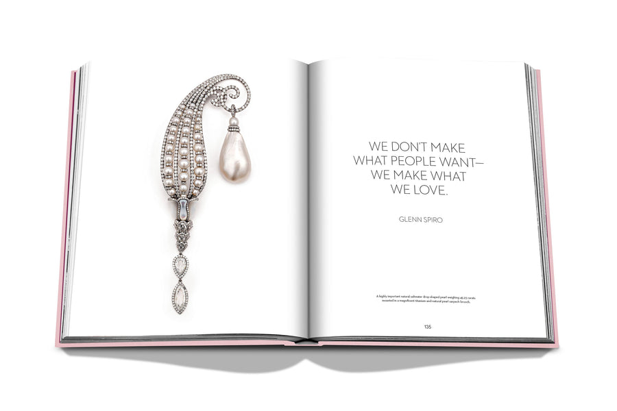 Assouline G Glenn: Spiro the art of a jewel coffee table book displaying photo of Glenn Spiro white pearl and diamond brooch with text quote on a white back ground available at Spacio India for luxury home decor collection of Jewellery Coffee Table Books.