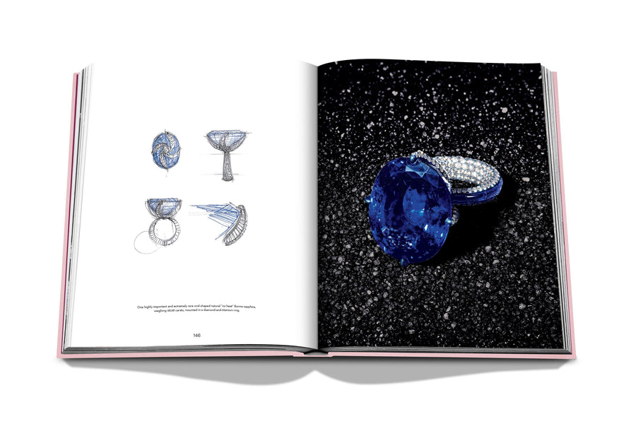 Assouline G Glenn: Spiro the art of a jewel coffee table book displaying photo of sapphire & diamonds ring with sketches on a white back ground available at Spacio India for luxury home decor collection of Jewellery Coffee Table Books.