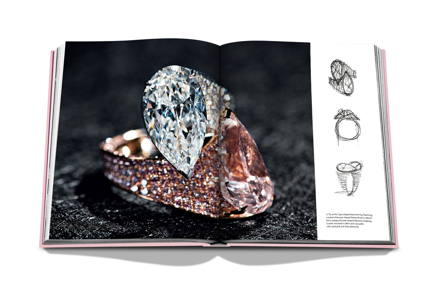 Assouline G Glenn: Spiro the art of a jewel coffee table book displaying photo of rose gold diamond ring with sketches on a white back ground available at Spacio India for luxury home decor collection of Jewellery Coffee Table Books.