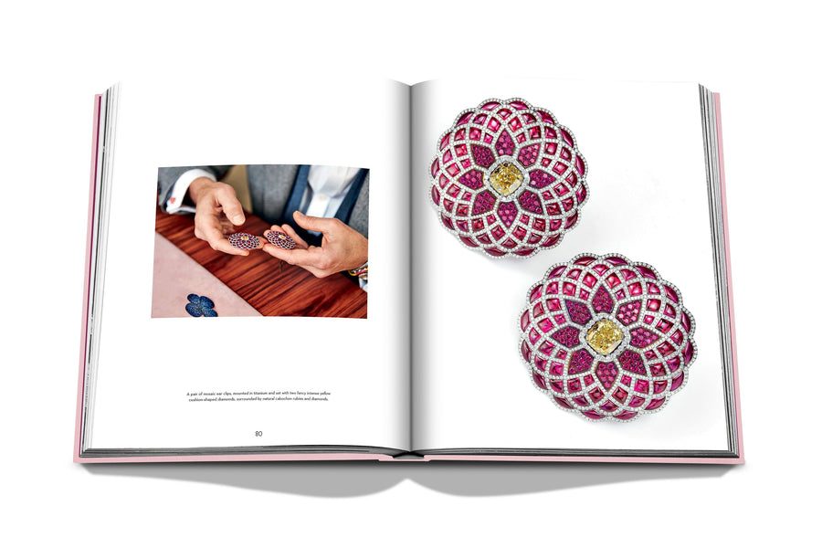 Assouline G Glenn: Spiro the art of a jewel coffee table book displaying photo of Glenn Spiro Mosaic Earrings in Titanium with Rubies, Yellow and White Diamonds on a white back ground available at Spacio India for luxury home decor collection of Jewellery Coffee Table Books.