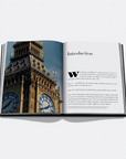 Open book showing an image of Big Ben and text on a white background