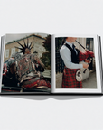 Open book showing two images: one of a person in traditional Scottish attire playing bagpipes, and another of a person in armor.