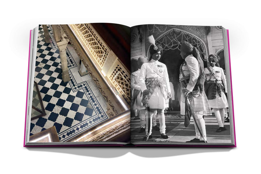 Assouline Jaipur Splendor coffee table book displaying photo of Late His Highness Maharaja Jaipur Rajasthan India 1940s in Jaipur in the private quarters of the City Palace on a white back ground available at Spacio India for luxury home decor accessories collection of Travel Coffee Table Books.