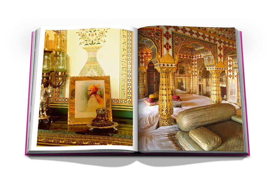 Assouline Jaipur Splendor coffee table book displaying photo of Peacemaker Chandra Mahal Jaipur Palace & A portrait of Maharaja Sawai Man Singh of Jaipur in the private quarters of the City Palace on a white back ground available at Spacio India for luxury home decor accessories collection of Travel Coffee Table Books.