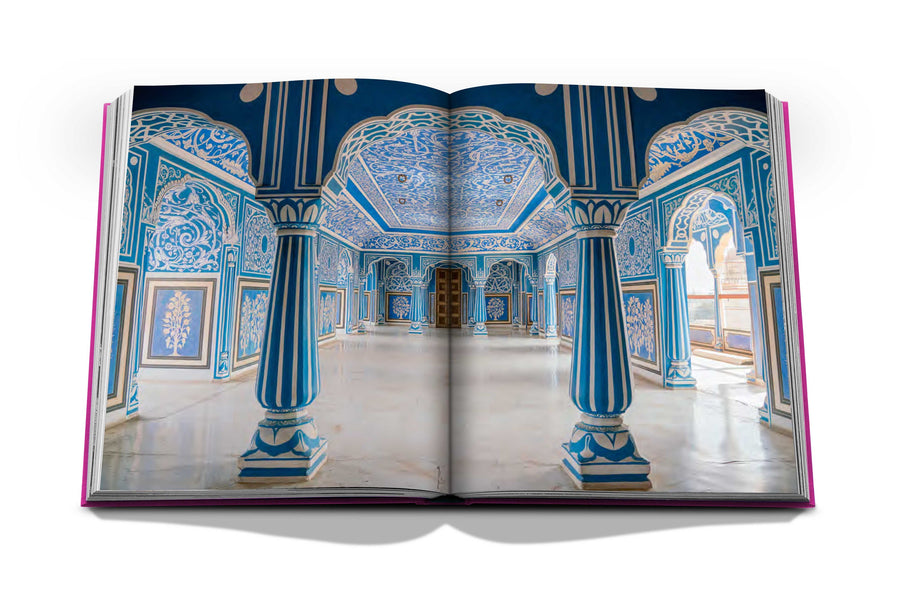 Assouline Jaipur Splendor coffee table book displaying photo of Interior of Sukh Niwas inside of city palace, Jaipur on a white back ground available at Spacio India for luxury home decor accessories collection of Travel Coffee Table Books.