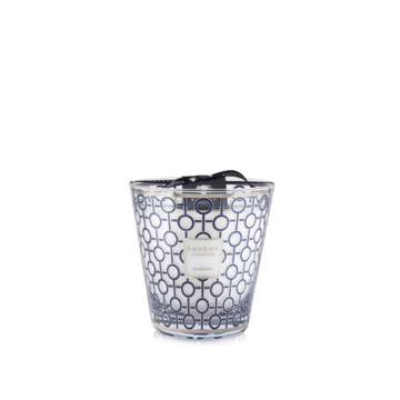 Baobab Gentlemen Candle Max 16, a luxury scented candle with rum and saffron fragrance, encased in platinum and ultramarine glass, available at Spacio India.