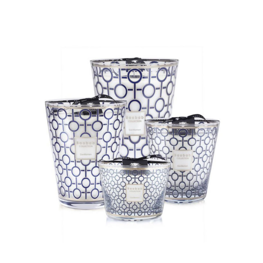Baobab Gentlemen Candle Max 16 collection featuring a set of four luxury scented candles, designed with platinum and ultramarine glass, available at Spacio India.