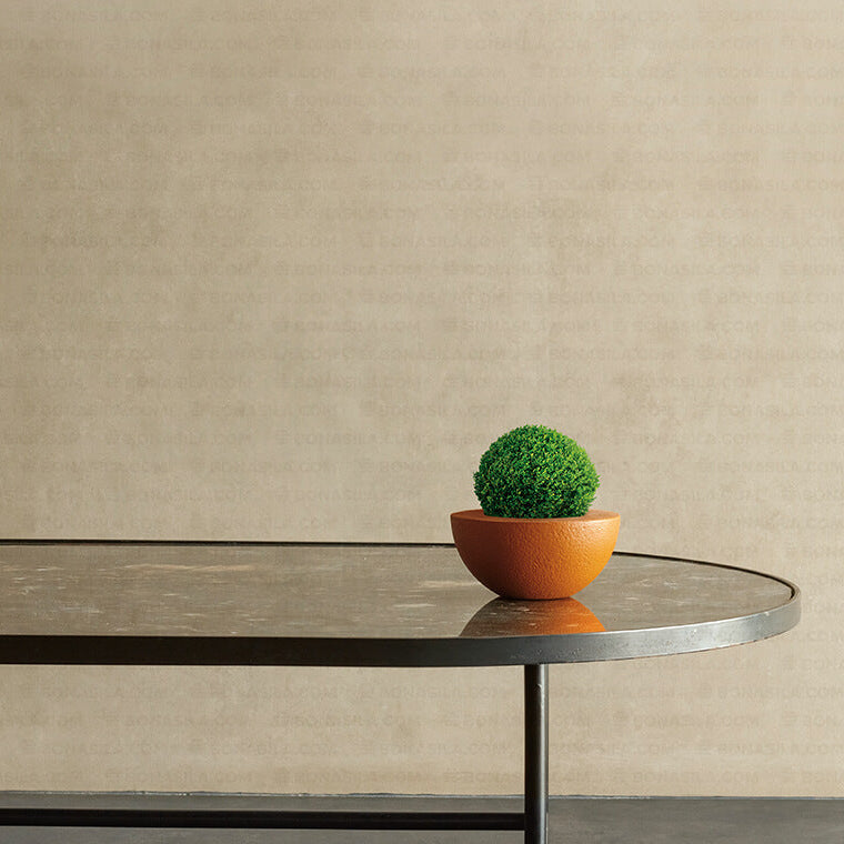 Modern black metal table with a small green plant on a beige background