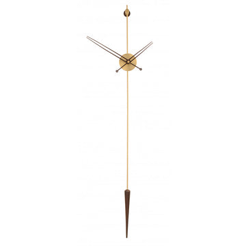 A Nomon clock with a wooden stick and a brass finish.