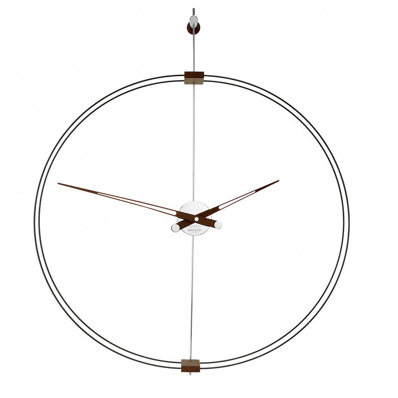 A Clock Nomon Zerotondo Negro Double Ring Black (Limited Edition) with a contemporary design hanging on a white wall, featuring a smoked oak wood and chrome finish.