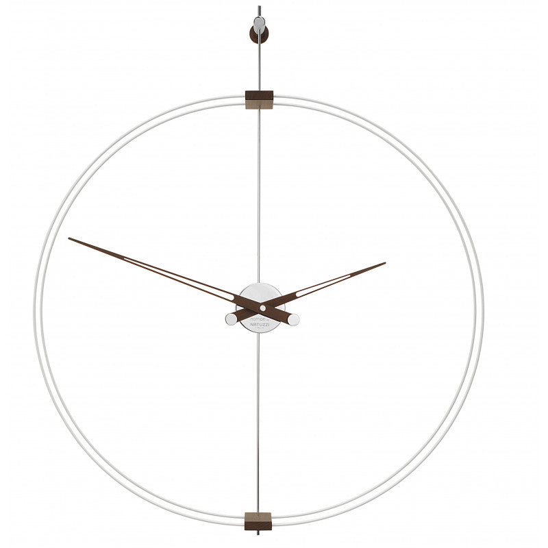 A Nomon clock with a circular shape, featuring a chrome finish and hanging on a white background. The clock is called "Nomon Zerotondo Negro Double Ring White" and it is a Limited Edition product.