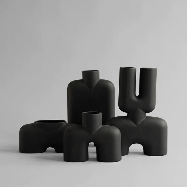 A group of quirky, hand glazed 101Cph Cobra Double Medio Coffee 211037 vases on a white background from the brand 101 Copenhagen.