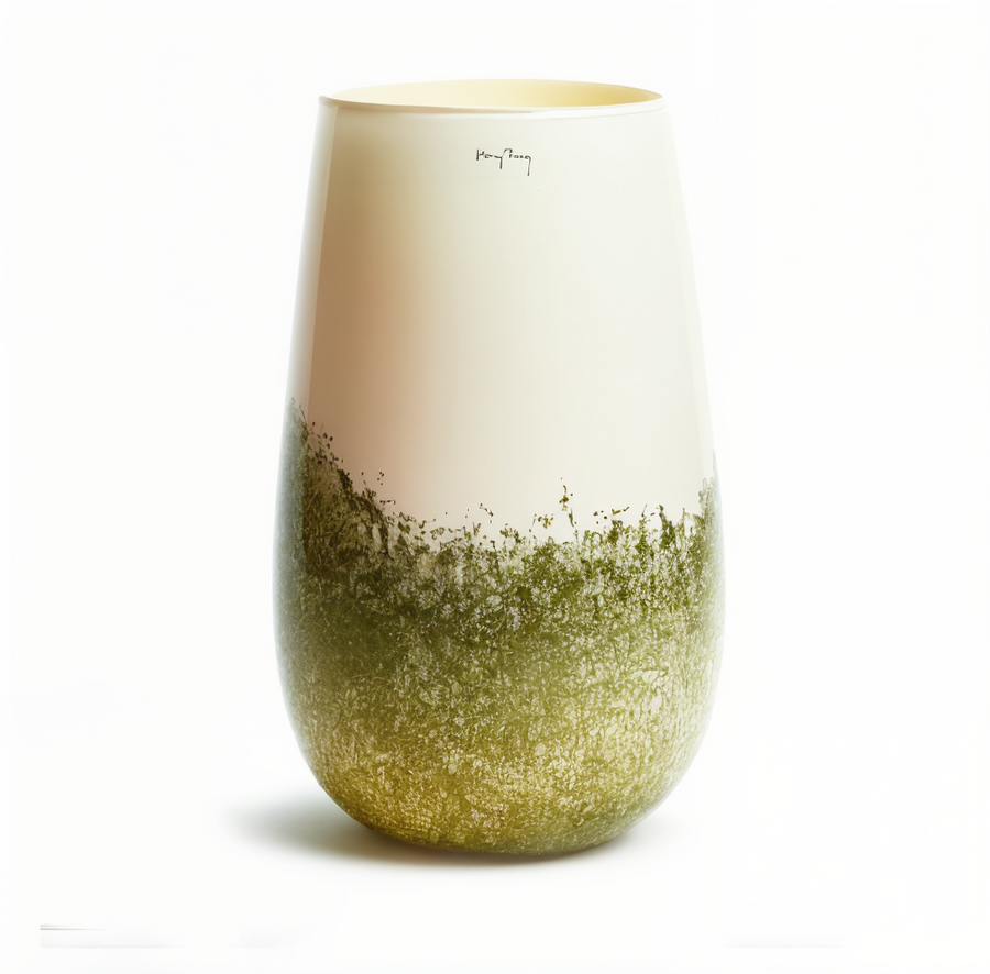 Elegant Sambor High Large Green Stars Vase by Henry Dean, handcrafted in Belgium using luxury blown glass, featuring green speckled gradient design; available at Spacio India retail stores and online for premium home decor.