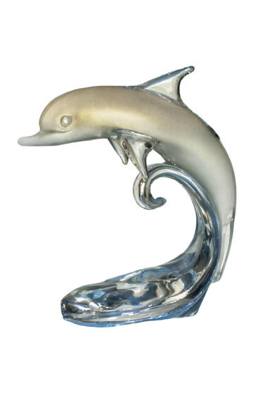 Dolphin Baby On The Wave White & Gold crystal sculpture by Duccio Di Segna – a luxury centerpiece available at Spacio India, crafted in elegant crystal.