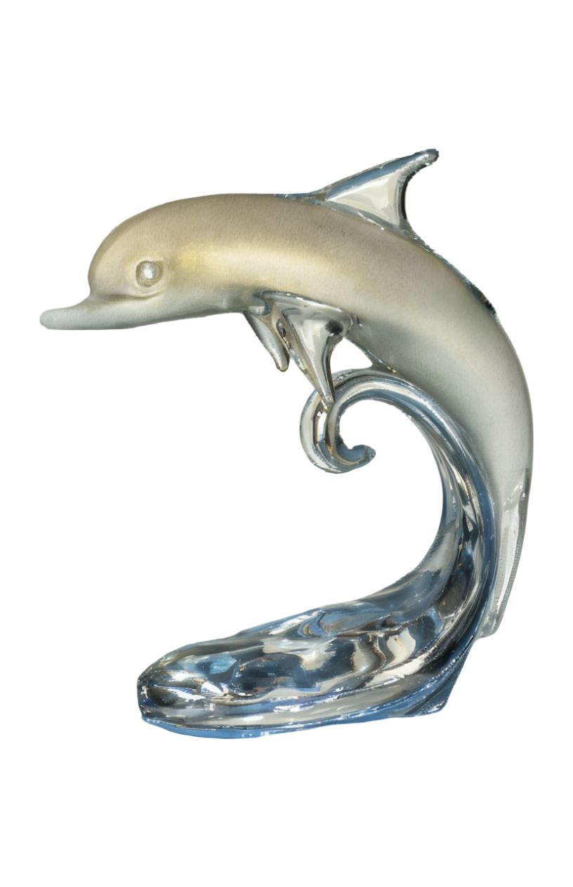 Dolphin Baby On The Wave White & Gold crystal sculpture by Duccio Di Segna – a luxury centerpiece available at Spacio India, crafted in elegant crystal.