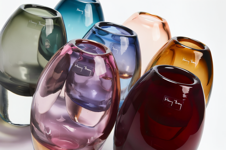 Collection of colourful Henry Dean glass vases from Belgium, including the Jerzy Large Ink Vase – discover premium glass decor at Spacio India