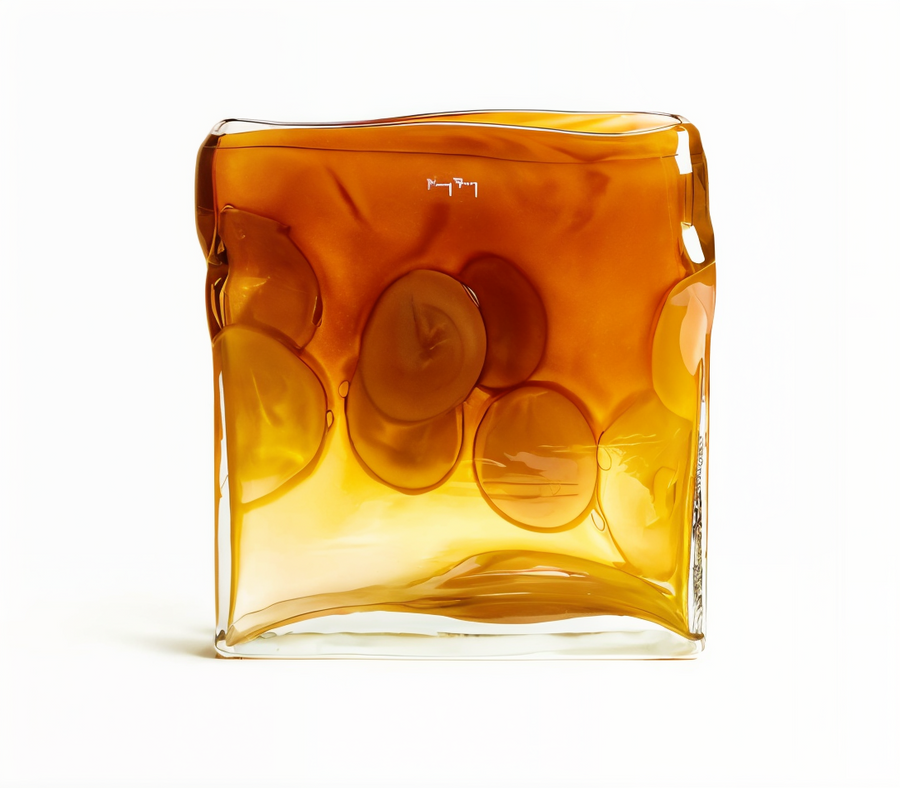 Square Meduse Amber Vase by Henry Dean, Belgium - premium glass decor piece in rich amber tones, perfect for luxury interiors, available at Spacio India retail and online.