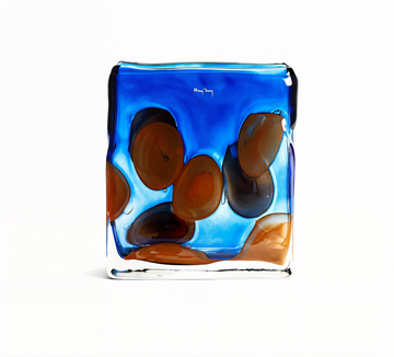 Luxury glass decor accessory featuring the Square Meduse Blue Orange Vase by Henry Dean, hand made in Belgium and available at Spacio India retail stores and online.