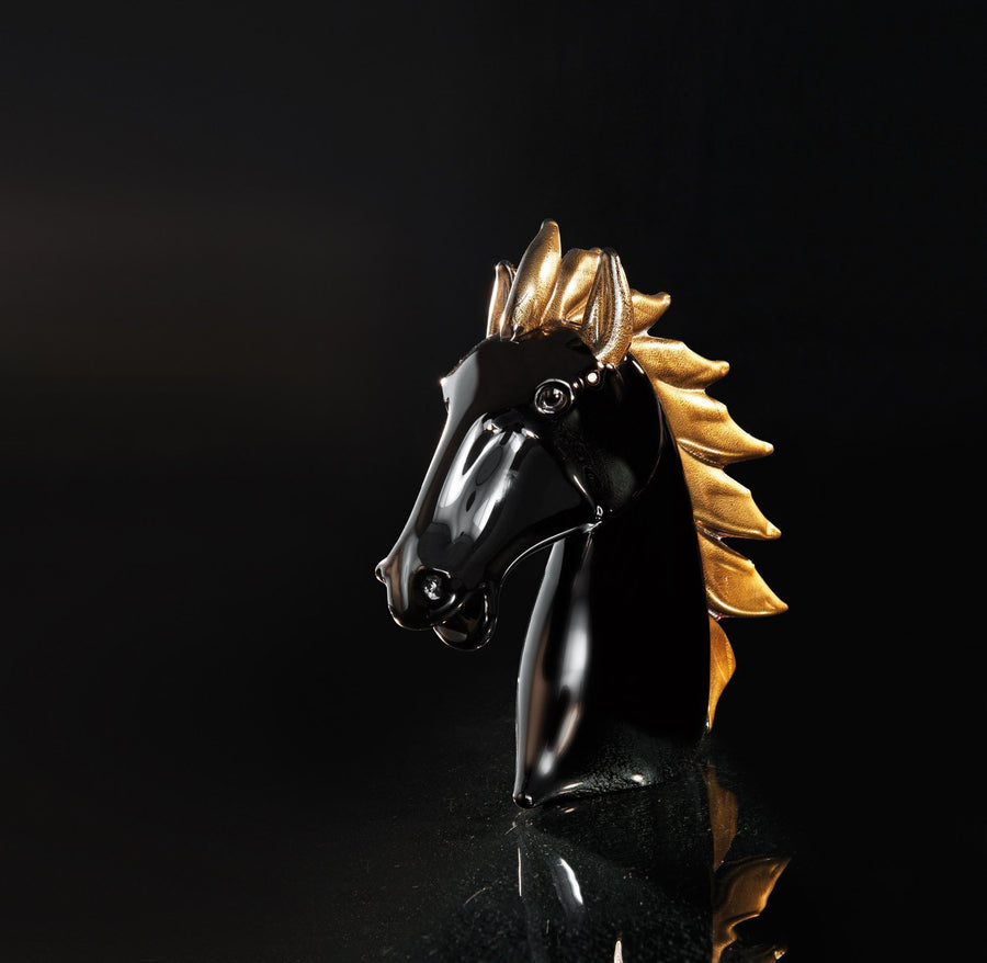 Horse Head Medium Black Gold crystal centerpiece by Duccio Di Segna, featuring a glossy black finish with gold mane accents, available at Spacio India retail stores and online. Ideal for luxury home decor and gifting.