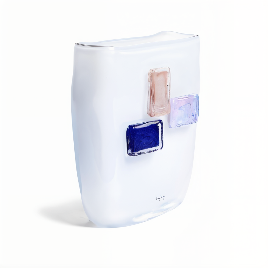 Side view of Henry Dean Canvas White Glass Vase with abstract coloured inlays, premium glass decor for modern Indian homes at Spacio
