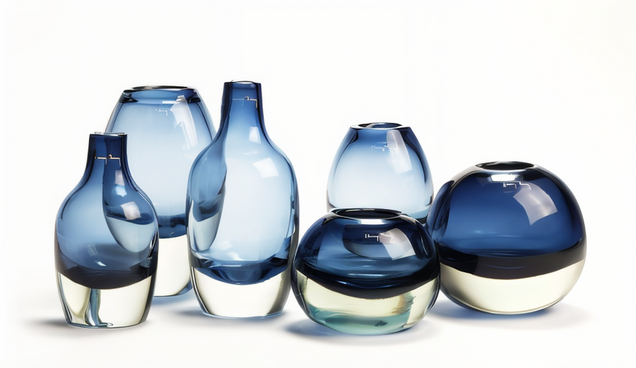 Belgian Henry Dean blue-toned glass vases, including Jerzy Large Ink Vase – elegant European glassware available at Spacio India retail stores and online