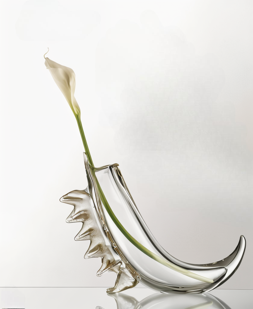 Duccio Di Segna Selene Vase Transparent & Oro – an artistic crystal centerpiece with elegant curves and gold accent fins. A stunning fusion of transparent glass and Italian craftsmanship, available at Spacio India.