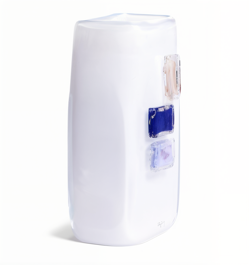 Side view of luxury Henry Dean white glass vase with coloured blocks – premium Belgium decor available at Spacio India for designer homes