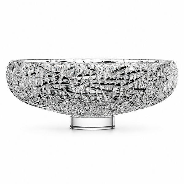 A clear cut crystal bowl with a textured, faceted pattern and a short cylindrical base, photographed on a clean white background.