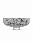 A clear crystal cu bowl with a faceted, mosaic-like surface against a seamless white background.