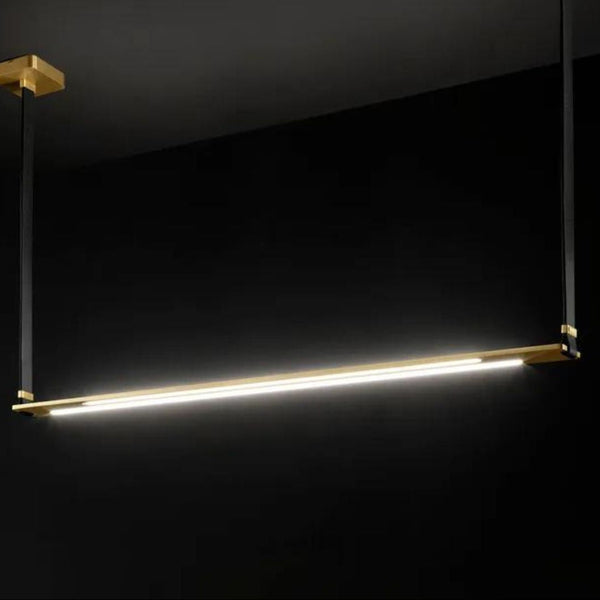 A high-end, Esperia Eredania Horizontal pendant light hanging from a black wall.