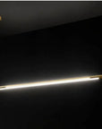 A high-end, Esperia Eredania Horizontal pendant light hanging from a black wall.