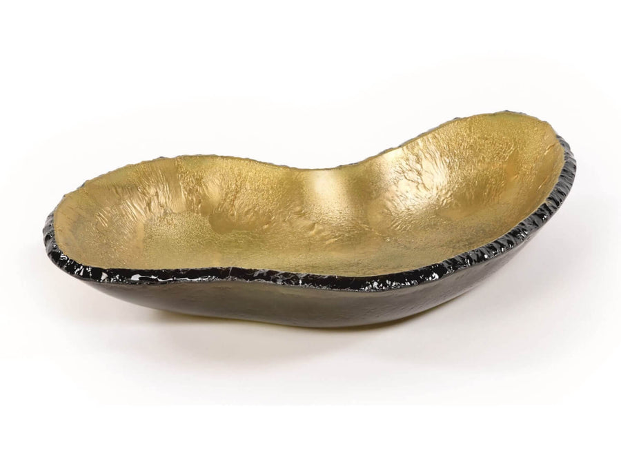 A Gardeco Glass Platter Bowl Ameba Gold with top bronze, enhanced with intricate black patterns, crafted by a talented Brazilian artist.