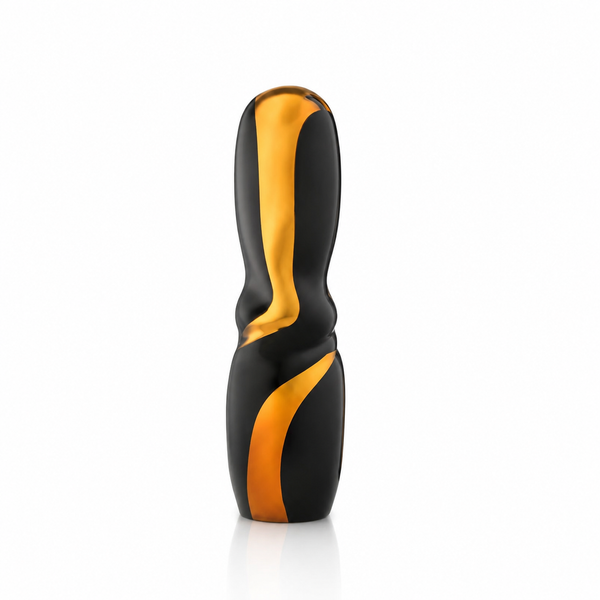 A sleek, black glass sculpturewith a glossy finish and vibrant orange accent curves, standing upright on a clean white background with a soft reflection.