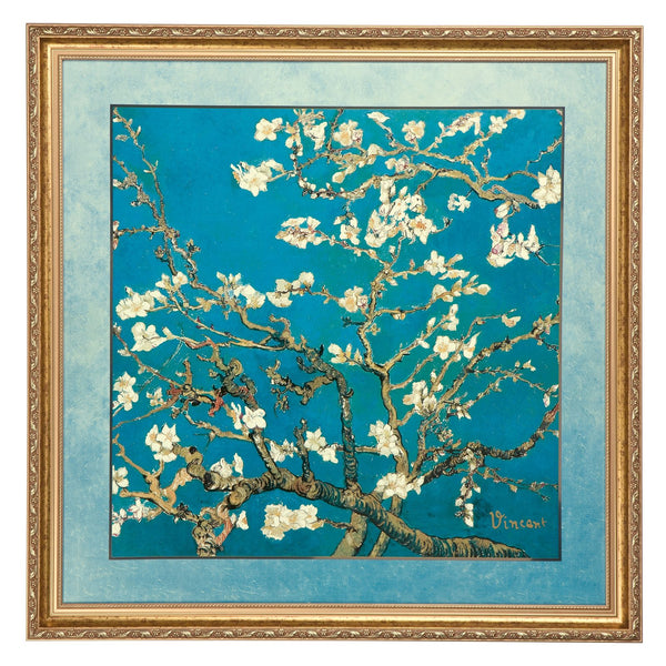 Framed limited edition artwork of a floral branch with white flowers on a blue background by the famous artist Vincent Van Gogh, signed 'Vincent', available at Spacio in India. 