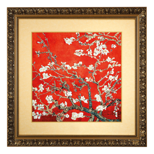 Framed limited edition artwork of a floral branch with white flowers on a blue background by the famous artist Vincent Van Gogh, signed 'Vincent', available at Spacio in India. 