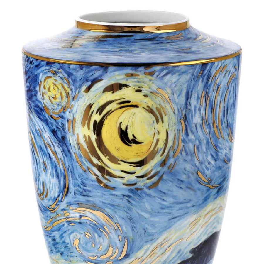 Close look of Starry Night Porcelain Vase Limited Edition by Vincent van Gogh on a black dark back ground available at Spacio India from the heirloom collection of Luxury Home Decor Accessories