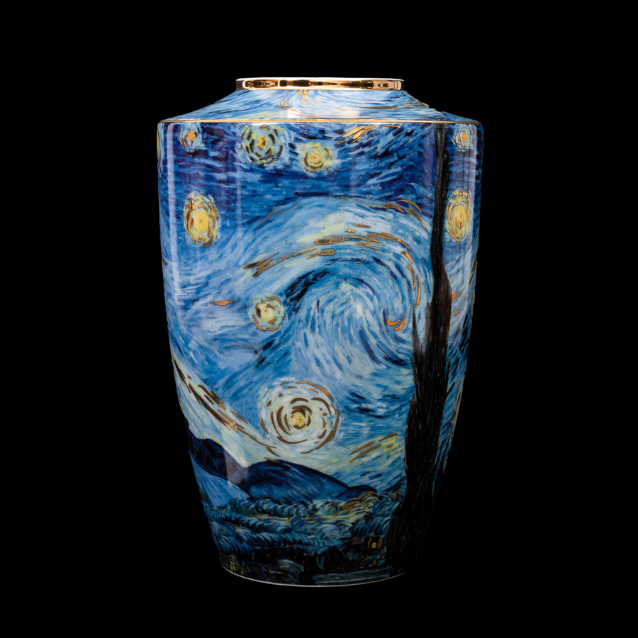 Side angle of Starry Night Porcelain Vase Limited Edition by Vincent van Gogh on a black dark back ground available at Spacio India from the heirloom collection of Luxury Home Decor Artefacts