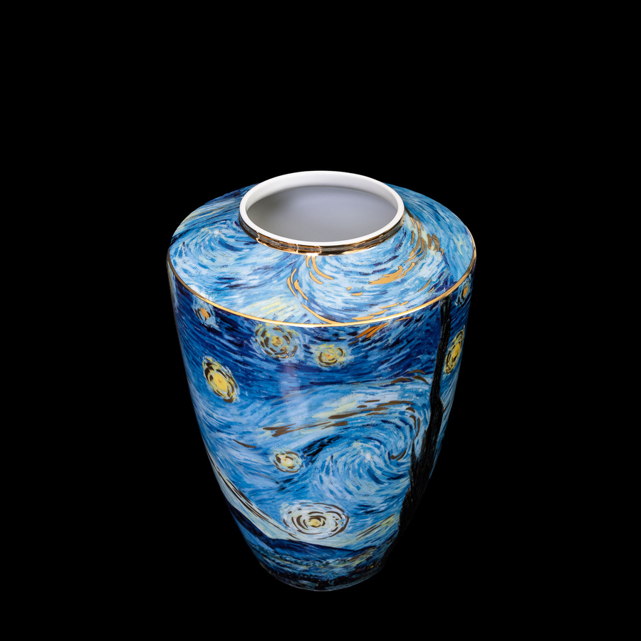 Top view of Starry Night Porcelain Vase Limited Edition by Vincent van Gogh on a black dark back ground available at Spacio India from the heirloom collection of Luxury Home Decor Accessories